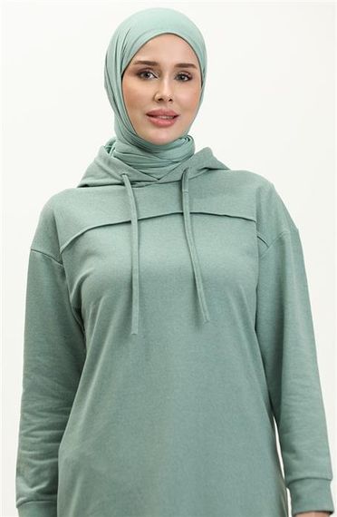 Long Tunic Hooded Side Slit Double Sports Suit - Green - AK06006.03034 - photo 3