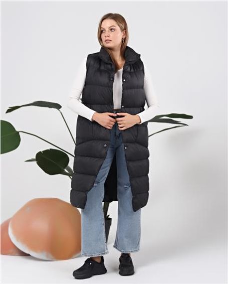 Snap Fastened Sleeveless Long Puffer Vest - 70944 - Black - photo 5