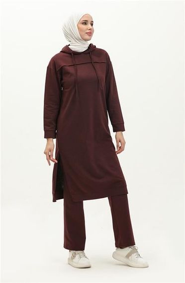 Long Tunic Hooded Double Sport Suit with Side Slits - Plum - AK06006.03034 - photo 2