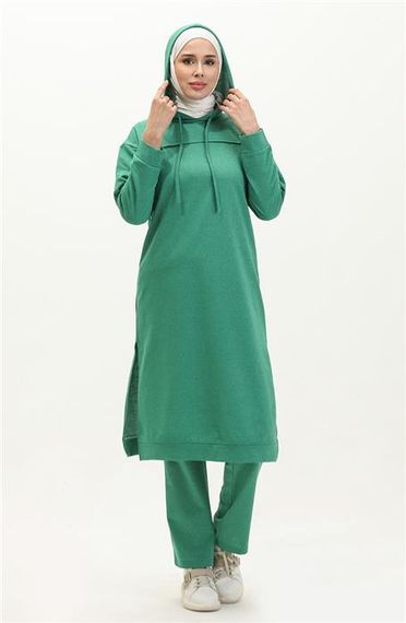 Long Tunic Hooded Double Sport Suit with Side Slits - Benetton Green - AK06006.03034 - photo 2