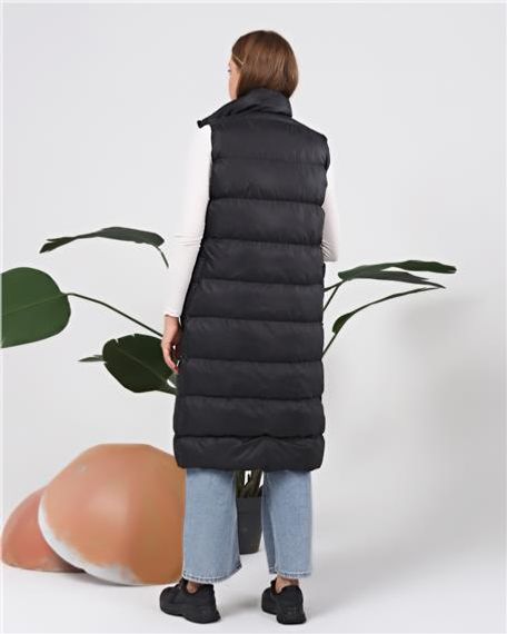 Snap Fastened Sleeveless Long Puffer Vest - 70944 - Black - photo 4