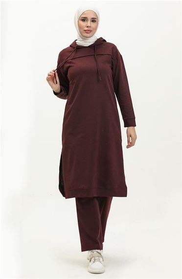 Long Tunic Hooded Double Sport Suit with Side Slits - Plum - AK06006.03034 - photo 1