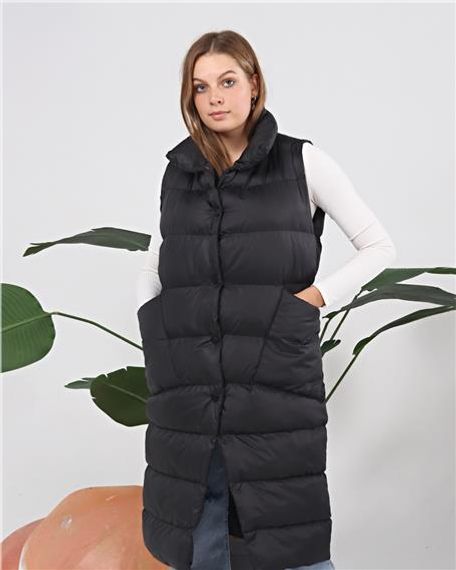 Snap Fastened Sleeveless Long Puffer Vest - 70944 - Black - photo 3