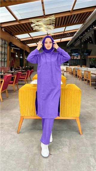 Long Tunic Hooded Double Sport Suit with Side Slits - 03034 - Dark Lilac - photo 3