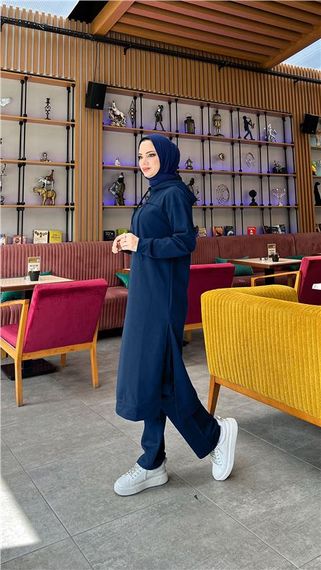 Long Tunic Hooded Double Sport Suit with Side Slits - 03034 - Light Navy Blue - photo 4