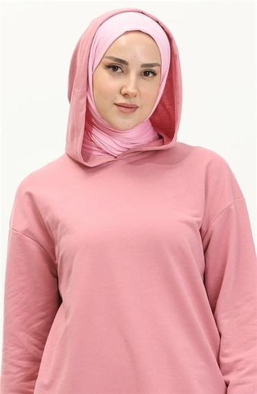 Atlas Kapşonlu Uzun Sade Basic Sweatshirt - Pembe - AK01010.03007 - fotoğraf 3