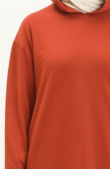 Atlas Kapşonlu Uzun Sade Basic Sweatshirt - Kiremit - AK01010.03007 - fotoğraf 4