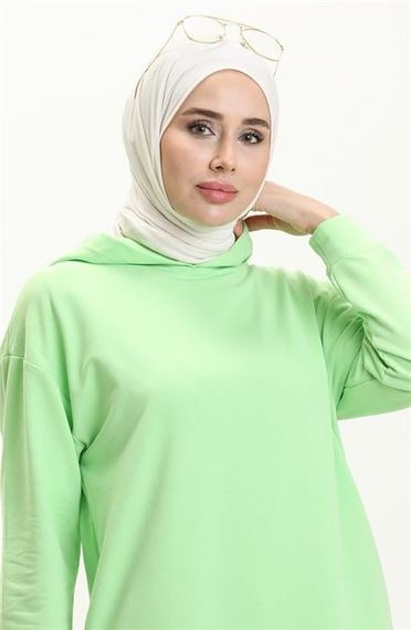 Atlas Kapşonlu Uzun Sade Basic Sweatshirt - Açık Yeşil - AK01010.03007 - fotoğraf 3