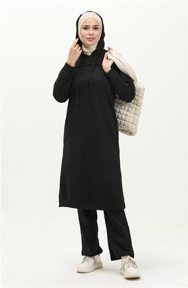 Long Tunic Hooded Double Sport Suit with Side Slits - Black - AK06006.03034 - photo 4