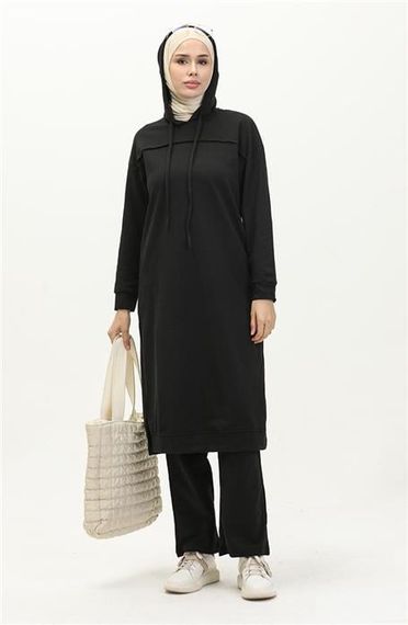 Long Tunic Hooded Double Sport Suit with Side Slits - Black - AK06006.03034 - photo 2