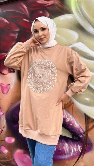 Papatya Taş Detaylı Nakış Baskılı Sweatshirt - 71143 - Bej - fotoğraf 1