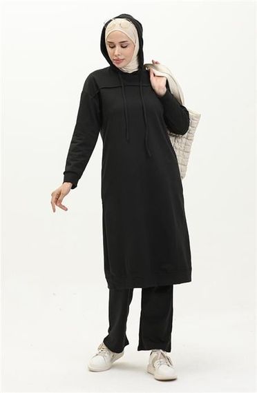 Long Tunic Hooded Double Sport Suit with Side Slits - Black - AK06006.03034 - photo 3