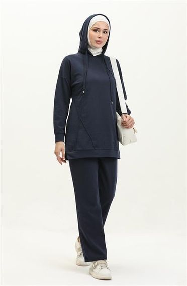 Hooded O-Neck Plain Basic Tracksuit Sports Set - Navy Blue - AK06006.03039 - photo 1