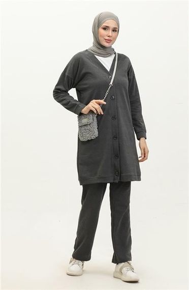 Buttoned V-Neck Plain Basic Tracksuit Sports Double Set - 03051 - Anthracite - photo 1