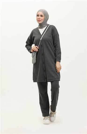 Buttoned V-Neck Plain Basic Tracksuit Sports Double Set - 03051 - Anthracite - photo 2