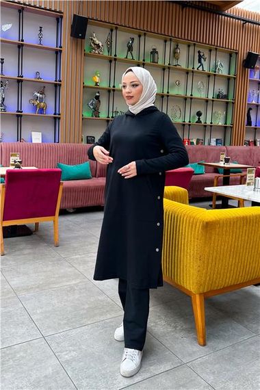 Plain Basic Long Tunic with Hooded Side Snaps and Trousers Double Sports Suit - 03071 - Black - photo 5