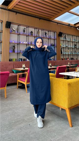 Long Tunic Hooded Double Sport Suit with Side Slits - 03034 - Light Navy Blue - photo 1