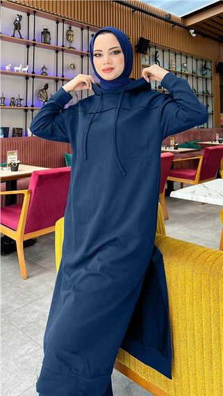 Long Tunic Hooded Double Sport Suit with Side Slits - 03034 - Light Navy Blue - photo 2