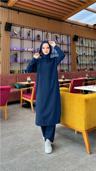 Long Tunic Hooded Double Sport Suit with Side Slits - 03034 - Light Navy Blue - photo 3