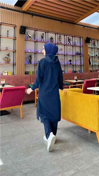 Long Tunic Hooded Double Sport Suit with Side Slits - 03034 - Light Navy Blue - photo 5