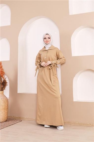 Long Dress with Tie Waist and Snap Button Details in Straw Yellow by Bwest Available Sizes 38-46 - photo 5