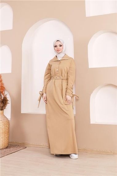 Long Dress with Tie Waist and Snap Button Details in Straw Yellow by Bwest Available Sizes 38-46 - photo 4