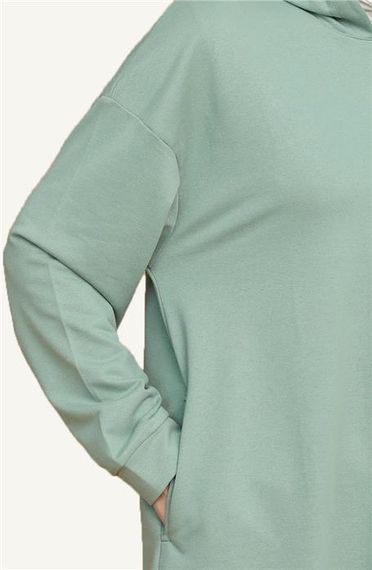 Atlas Kapşonlu Uzun Sade Basic Sweatshirt - 3007 - Çağla Yeşili - fotoğraf 4