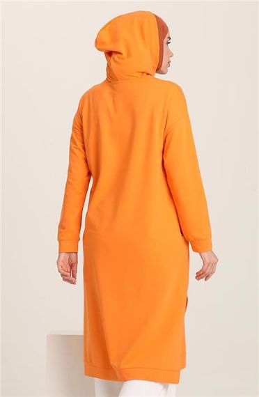 Atlas Kapşonlu Uzun Sade Basic Sweatshirt - 3007 - Oranj - fotoğraf 3