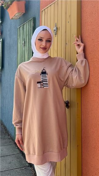 Tutku Nakış Fener Baskılı Sweatshirt - 71147 - Bej - fotoğraf 1