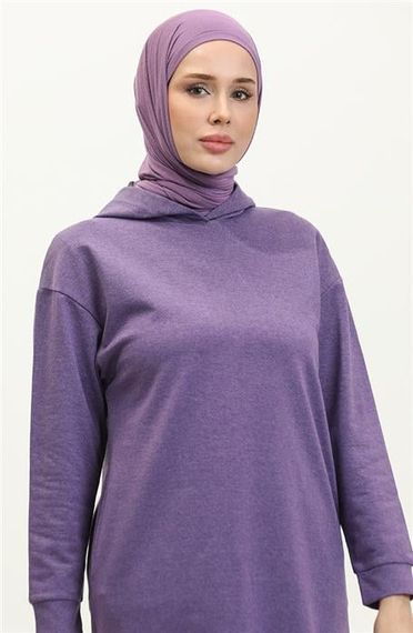 Atlas Kapşonlu Uzun Sade Basic Sweatshirt - Koyu Lila - AK01010.03007 - fotoğraf 3