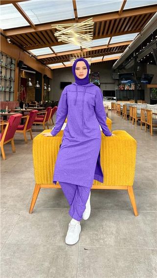 Long Tunic Hooded Double Sport Suit with Side Slits - 03034 - Dark Lilac - photo 2