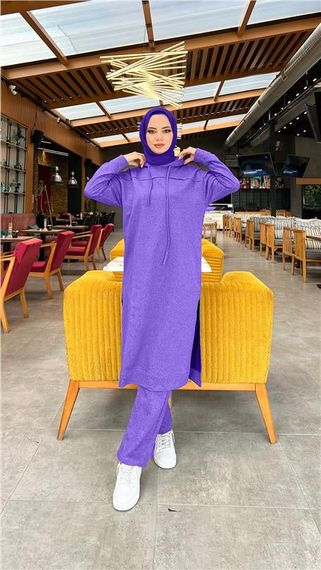 Long Tunic Hooded Double Sport Suit with Side Slits - 03034 - Dark Lilac - photo 1