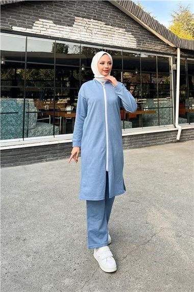 Bisiklet Yaka Fermuarlı Uzun Tunik Sade Basic Spor Takımı - 3044 - İndigo - fotoğraf 3