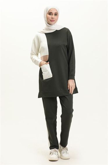 Комплект спортивного одягу з боковими кишенями та рябими деталями - 70086 - Хаки, доступний у розмірах 38-46 - фото 1