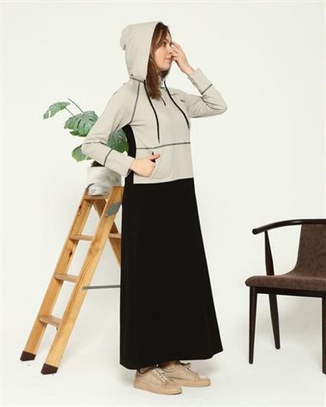 Sıla Kapüşon Detaylı Çift Renk Sweat Elbise - 71042 - Lacivert - fotoğraf 2