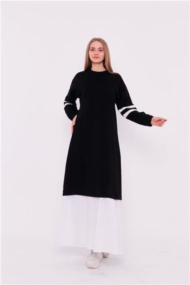 Gupse Kolları Şeritli Eteği Detaylı Spor Elbise - 71079 - Siyah - fotoğraf 1