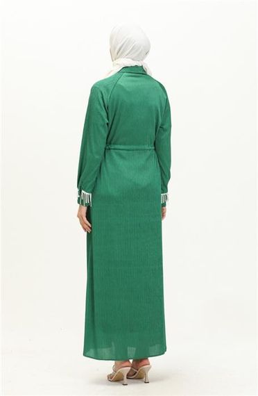 Silvia Bürümcük İncili Tesettür Elbise - 71108 - Benetton Yeşil - fotoğraf 5