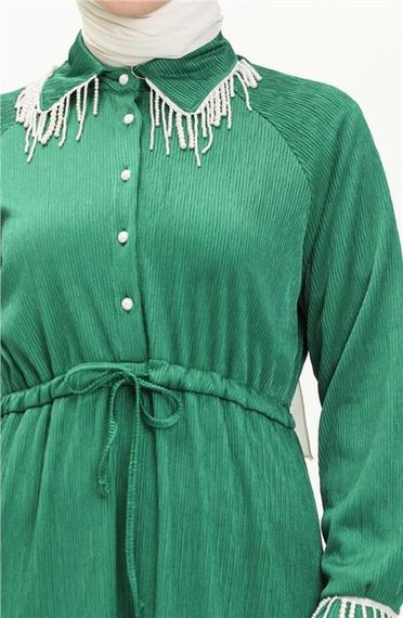 Silvia Bürümcük İncili Tesettür Elbise - 71108 - Benetton Yeşil - fotoğraf 4