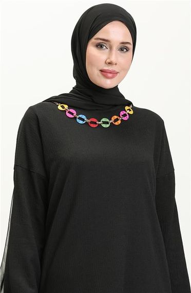 Комплексний комплект з туніки та штанів з деталями кольє - чорний, розміри 38-46 - фото 3