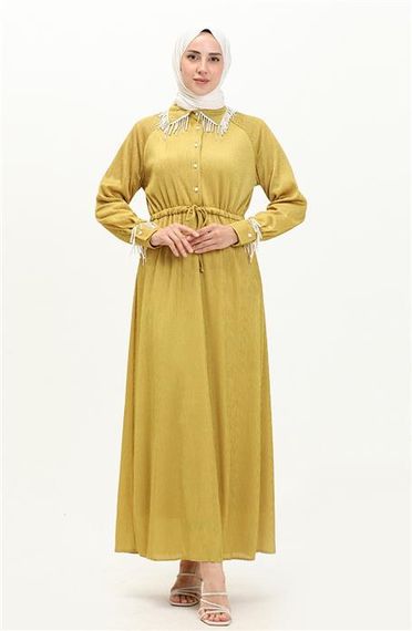 Silvia Bürümcük İncili Tesettür Elbise - 71108 - Yağ Yeşili - fotoğraf 1