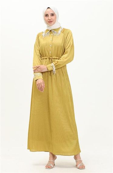 Silvia Bürümcük İncili Tesettür Elbise - 71108 - Yağ Yeşili - fotoğraf 2