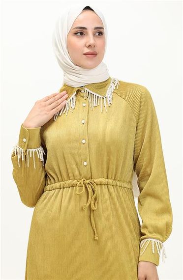 Silvia Bürümcük İncili Tesettür Elbise - 71108 - Yağ Yeşili - fotoğraf 3