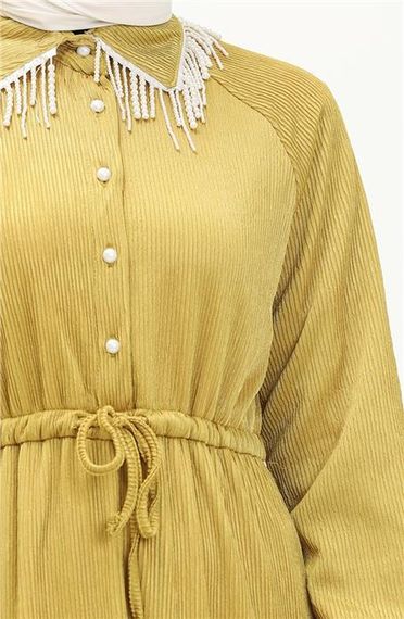 Silvia Bürümcük İncili Tesettür Elbise - 71108 - Yağ Yeşili - fotoğraf 4