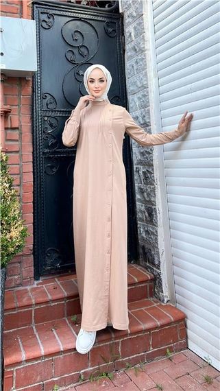 Buket Button Detail Dress in Beige - Available Sizes 38-46 - photo 3