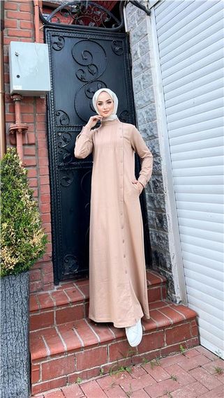 Buket Button Detail Dress in Beige - Available Sizes 38-46 - photo 1