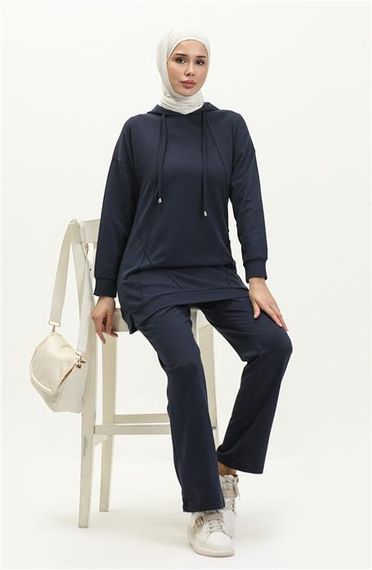 Kapşonlu O Yaka Sade Basic İkili Eşofman Spor Takımı - Lacivert - AK06006.03039 - fotoğraf 5