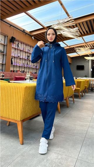 Спортивный комплект: туника с капюшоном и штанами, узор кружев, индиго, размеры 38-46 - фото 1