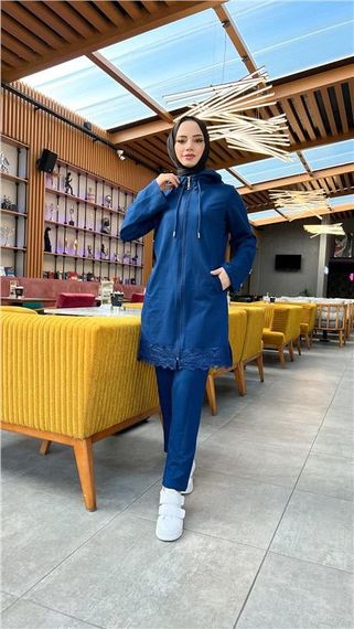 Спортивный комплект: туника с капюшоном и штанами, узор кружев, индиго, размеры 38-46 - фото 3