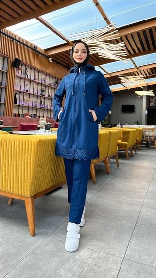 Спортивный комплект: туника с капюшоном и штанами, узор кружев, индиго, размеры 38-46 - фото 2