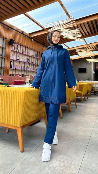 Спортивный комплект: туника с капюшоном и штанами, узор кружев, индиго, размеры 38-46 - фото 4